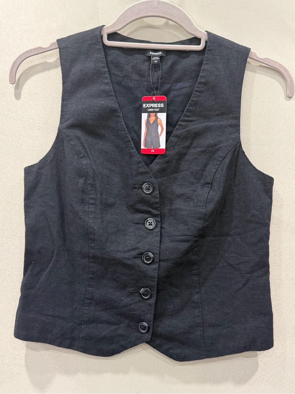 Express Women's Vest XS Classic Fit V-Neck Button Up Linen Vest Black Size XS